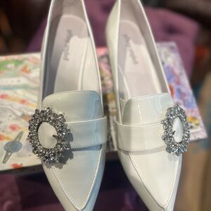 Jeffrey Campbell White patent Leather Loafers with Gorgeous Crystal Detail